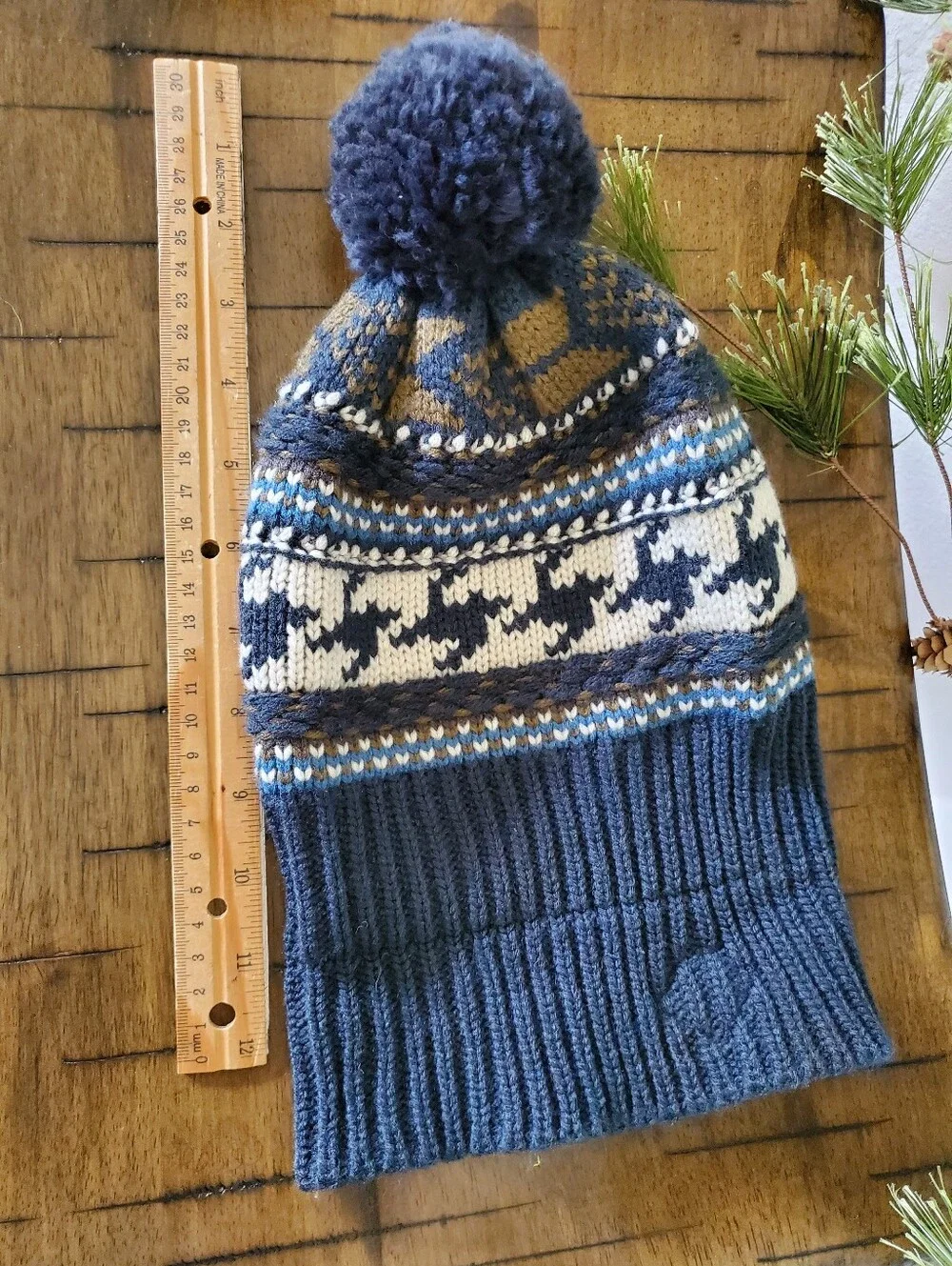 The North Face Fair Isle Knit Beanie Hat Blue Pom Pom Unisex